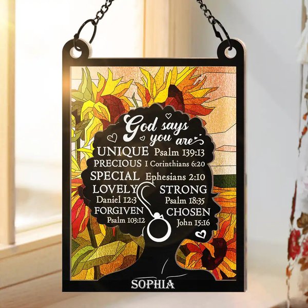 God Says You Are Sunflower Self-Proclaimed - Personalized Black Woman Suncatcher Ornament-image
