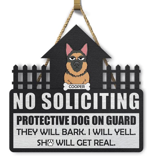 No Soliciting Protective Dog On Guard - Personalized Pet Dogs Lover Shaped Wood Sign-image