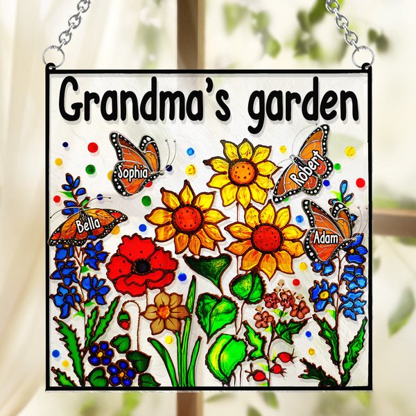 Grandma's Garden With Butterfly - Personalized Grandma Window Hanging Suncatcher Ornament-image