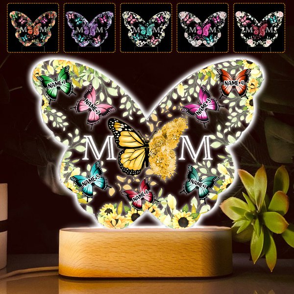 Mother And Children Butterflies - Personalized Mother Shaped Plaque Light Base-image