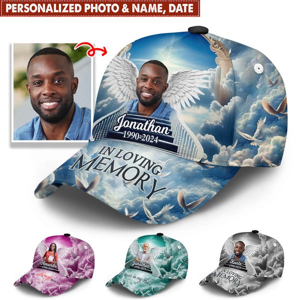 Memorial Custom Photo Angel Wings In Heaven, In Loving Memory Personalized 3D Classic Cap-image