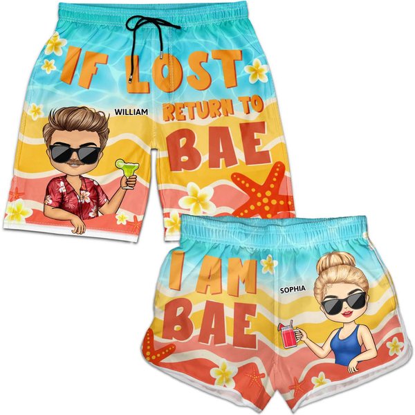 If Lost Return To Bae Couple - Anniversary Gift For Husband, Wife, Boyfriend, Girlfriend Custom Couple Beach Shorts