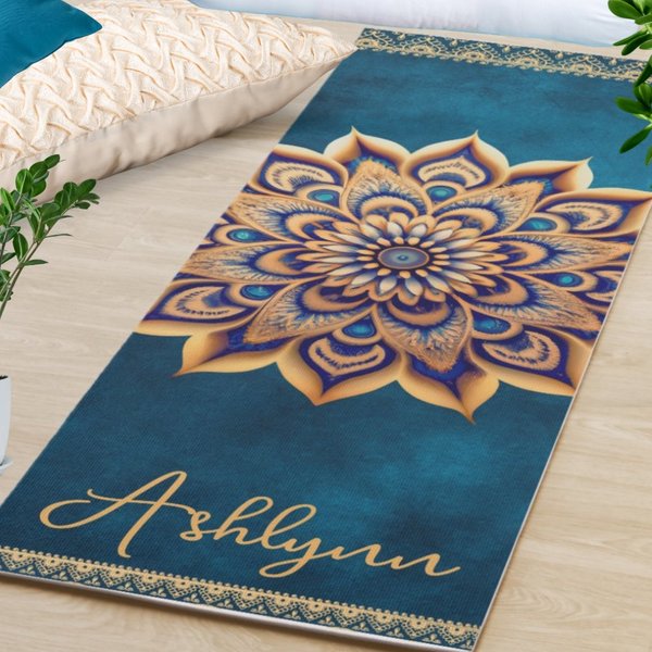 Blue & Gold Mandala Personalized Name Yoga Mat-image