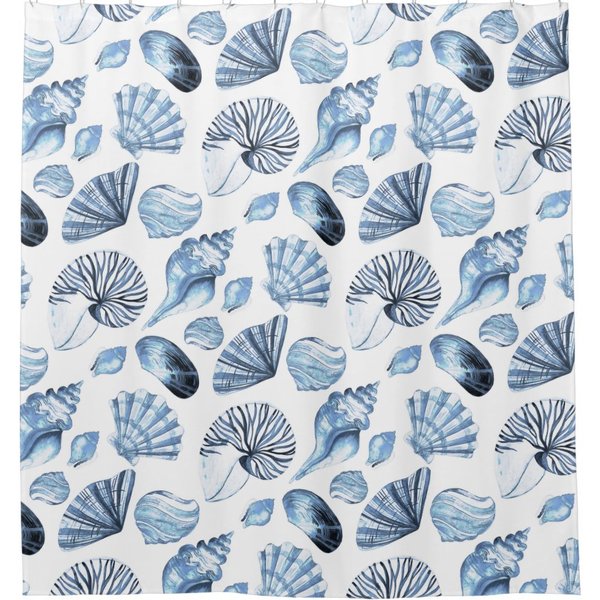 Blue Seashells Pattern On White Beach House Customizable Text Shower Curtain-image