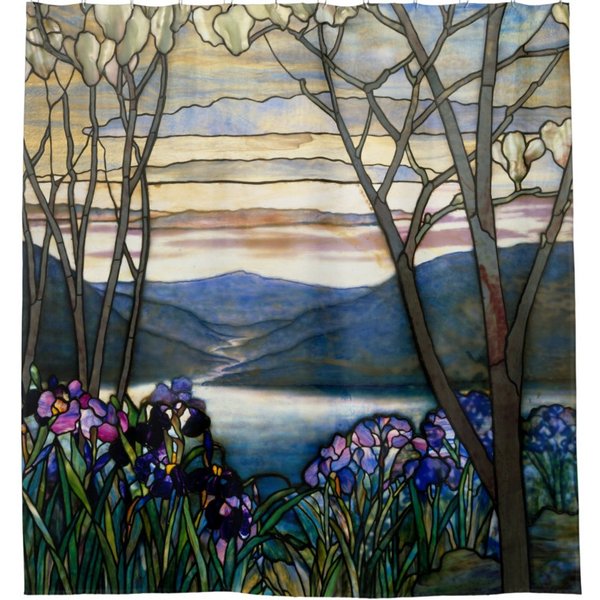 Tiffany Stained Glass Magnolias Irises Art Nouveau Customizable Text Shower Curtain-image