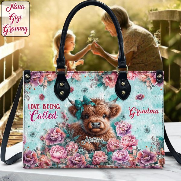 Love Being Called Grandma Highland Cow - Personalized Leather Handbag
