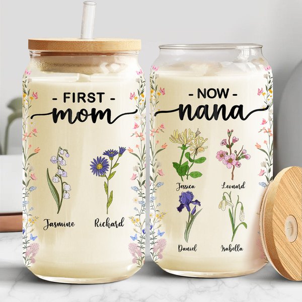 First Mom Now Grandma Birth Month Flowers Custom Mother's Day Personalized Glass Cup-image