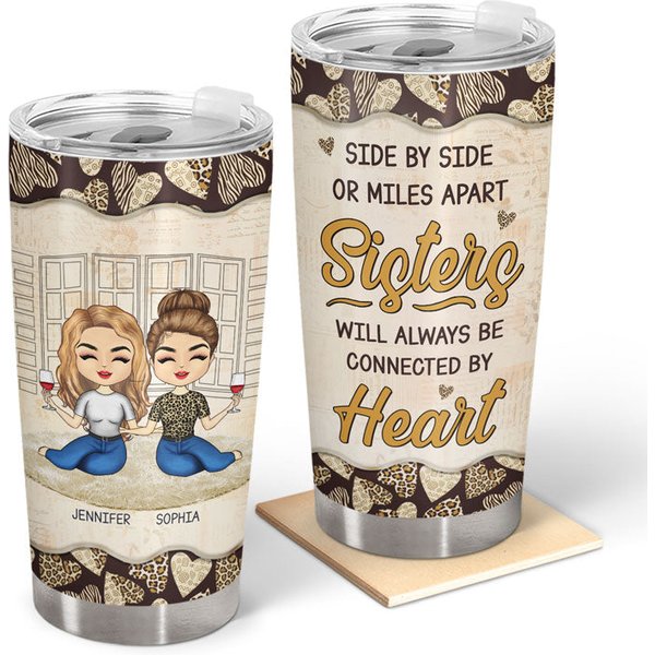 Chibi Sisters Will Always Be Connected By Heart Custom Sibling Gift Personalized Tumbler-image