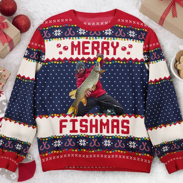 Merry Fishmas Gift For Fishing Lovers - Personalized Photo Ugly Sweater-image