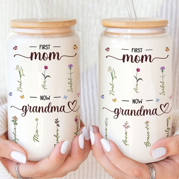 First Mom Now Grandma With Birth Flowers - Personalized Glass Cup-image