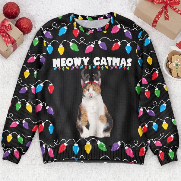 Meowy Catmas Christmas Funny Cats - Personalized Photo Ugly Sweater-image