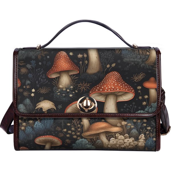 Cottagecore Mushroom Boho Witch Satchel Bag, Mushroomcore Dark Academia Black Vegan Leather Trim Handbag