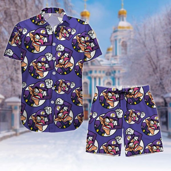 Waluigi Hawaii And Short, Super Mario Character Button Shirt-image