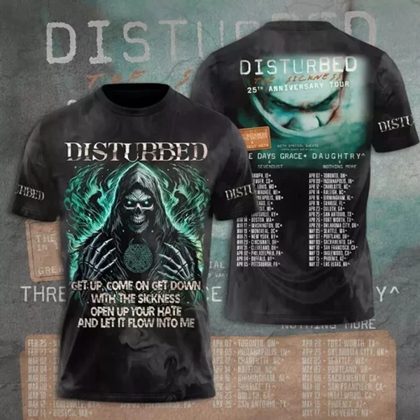 Disturbed 2025 Tour Date 3D T-Shirt, Gift For Fans-image