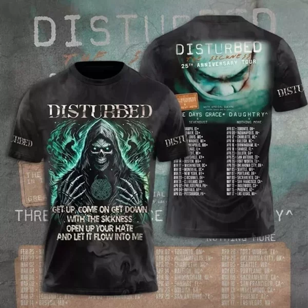 Disturbed 2025 Tour Date 3D Printed T-Shirt, Unisex All Size, Gift For Fans-image