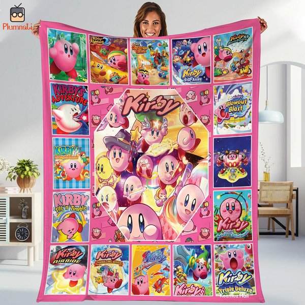 Kirby Blanket, Pink Kirby Fleece Blanket, Kirby Birthday-image