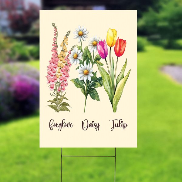 Foxglove Daisy Tulip Floral Yard Sign, Retro Boho Ga-image