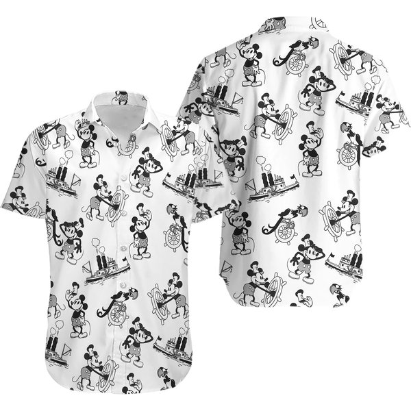 Steamboat Willie Hawaiian Shirt, Vintage Mickeyy Mouse Aloha Shirt, Classic Disneyyy Cartoon Button Up, Retro Summer Vacation Outfit-image