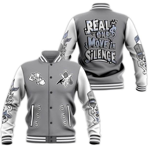 Low Cement Grey 11s Varsity Jacket - Ones Move In Silence Graphic All Over Print Baseball Jackets