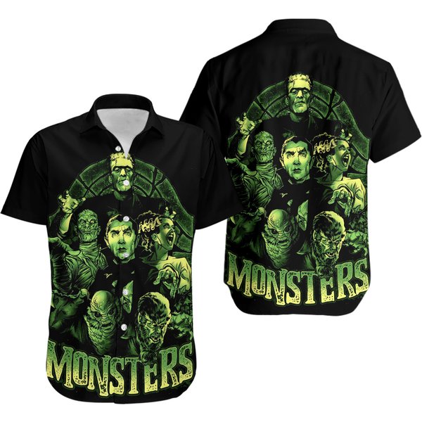 Horror Movie Vampire Frankenstein Monster Printed Hawaiian Buttoned Lapel Shirt-image