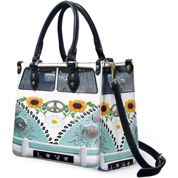 Hippie Van Truck Peace Sunflower Women Leather Bag Handbag,Hippie Woman Handbag-image