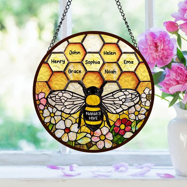 Custom Grandma's Garden Bee, Personalized Stained Glass Window Hanging Suncatcher-image