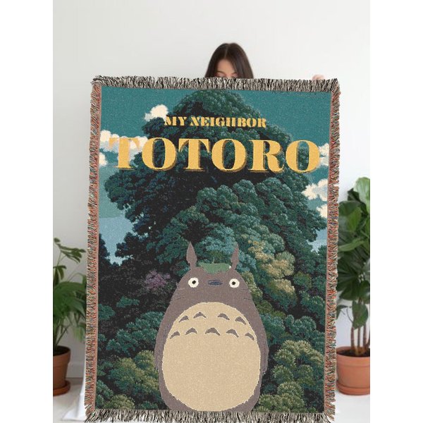 Totoro Woven Blanket, Studio Ghibli Home Decor, Cute Anime Throw, Cozy Bedding, Movie Fan Gift-image