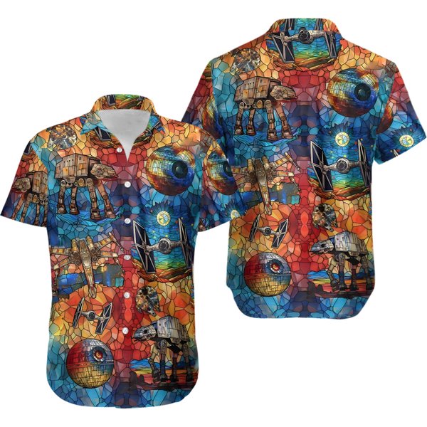 Starr Warss Button Shirt, Magicc Kingdom Hawaiian Shirt, Stained Glass Hawaiians-image