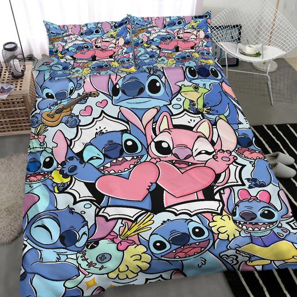 Cartoon Stitchh And Angle Forever Love Happy Valentine's Day Bedding Set