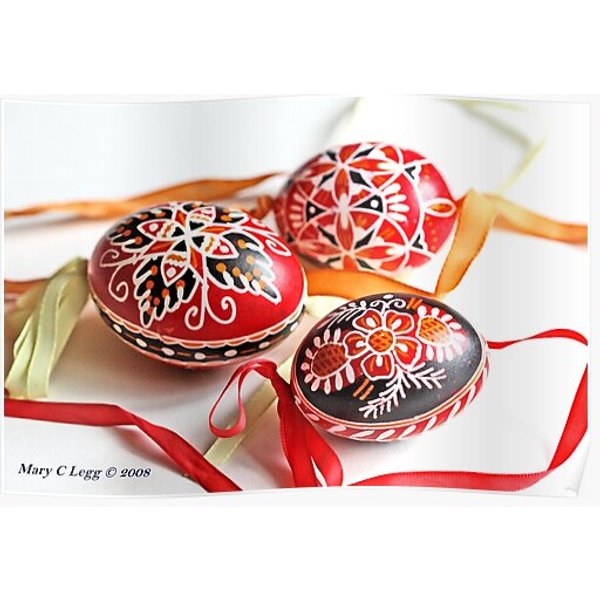Three Traditional Hand-Painted Czech Easter Eggs With Geometric Designs Premium Matte Vertical Poster-image