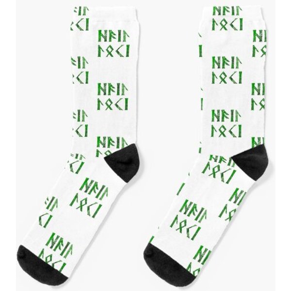 Hail Loki In Futhark Runes Green With White Background Socks