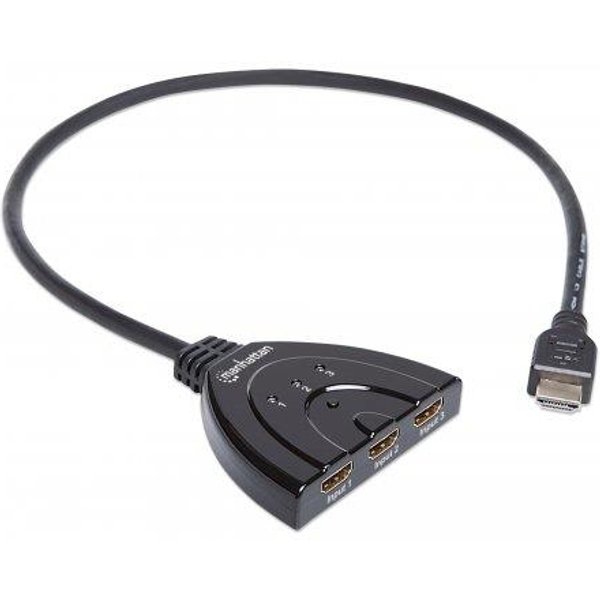 Manhattan HDMI Switch 3-Port 1080p Connects x3 HDMI sources to x1 display Manual Switching (via button) Integrated Cable (58cm) No external power required Black Three Year Warranty