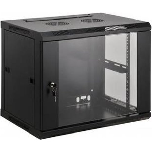 Intellinet 19" Network Cabinet - Wall Mount (Standard) 9U 450mm Deep Black Assembled Max 60kg Suitable also for use on desk or floor Usable Depth 350mm Metal & Glass Door Back Panel Removeable Sides Parts for wall install (eg screws/rawl p