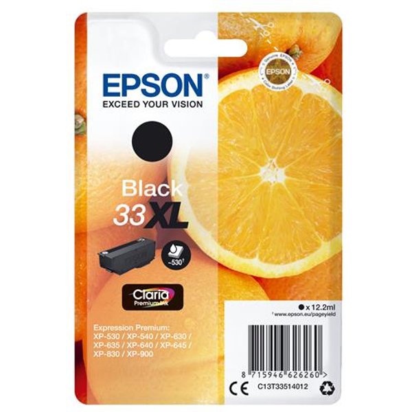 Epson Oranges 33XL Claria Premium Single Black Ink. Cartridge capacity: High (L) Yield Black ink type: Pigment-based ink Black ink volume: 12.2 ml Supply type: Single pack Printing colours: Black Quantity per pack: 1 pc(s)