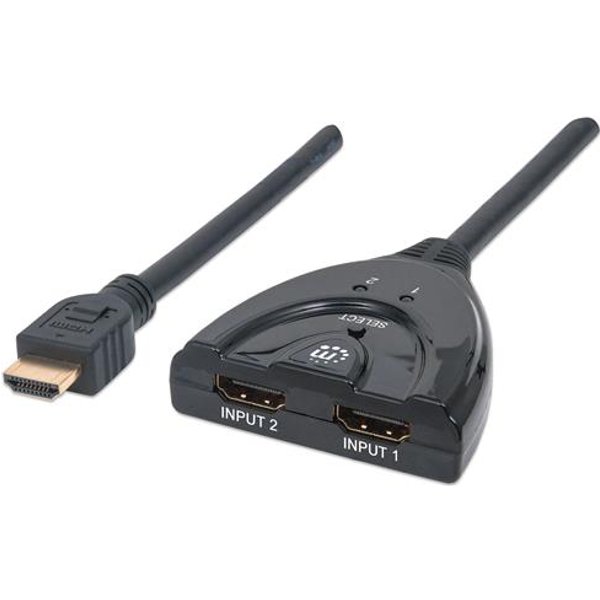 Manhattan HDMI Switch 2-Port 1080p Connects x2 HDMI sources to x1 display Manual Switching (via button) Integrated Cable (50cm) No external power required Black Three Year Warranty