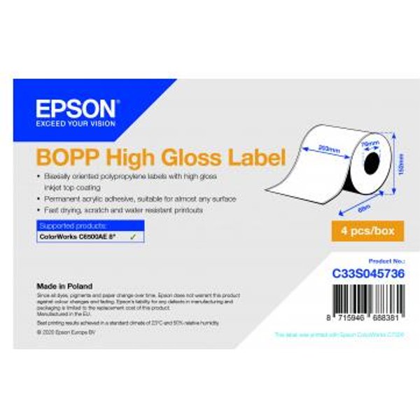 Epson BOPP High Gloss Label - Continuous Roll: 203mm x 68m