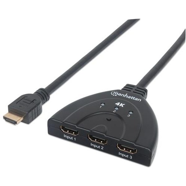 Manhattan HDMI Switch 3-Port 4K@60Hz Connects x3 HDMI sources to x1 display Manual Switching (via button) Integrated Cable (58cm) No external power required Black Three Year Warranty