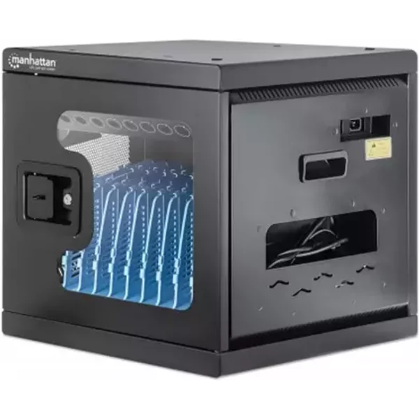 Manhattan Laptop Charging Cabinet Desktop via AC Adapter (UK) 10-bay Install device's AC Adapter (power cables) into unit Suitable for ALL laptops (to 15.6") iPads MacBooks Chromebooks other USB-C devices Bays 380x30x280mm Cart Lockable