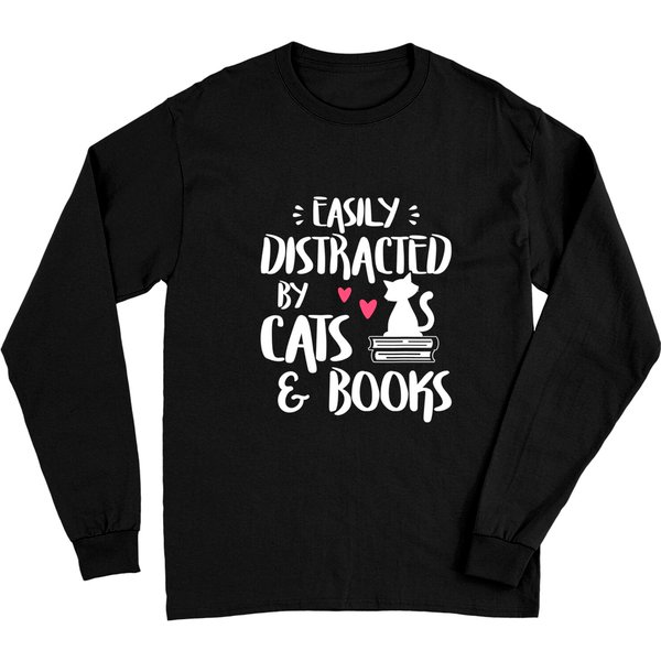 Easily Distracted By Cats And Books - Cat & Book Lover Long Sleeves-image