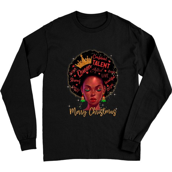 Merry Christmas Black Queen Girl African Santa Melanin Women Long Sleeve-image