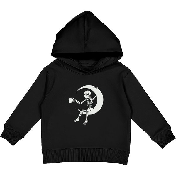 Halloween Coffee Skeleton Sitting On Half-Moon Kids Pullover Hoodies-image