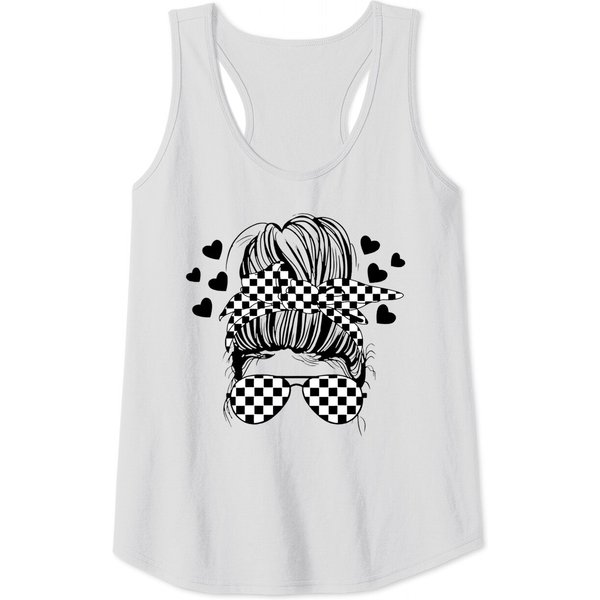 Womens Dirt Track Racing Checkered Flag Racing Messy Bun Racetrack Tank Top-image