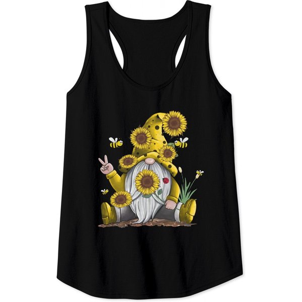 Sunflower Gnome With Bee Funny Hippie Gnome Tank Tops-image