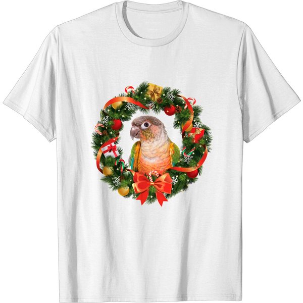 Green Cheek Conure Parrot Christmas Wreath Pullover T-Shirts-image