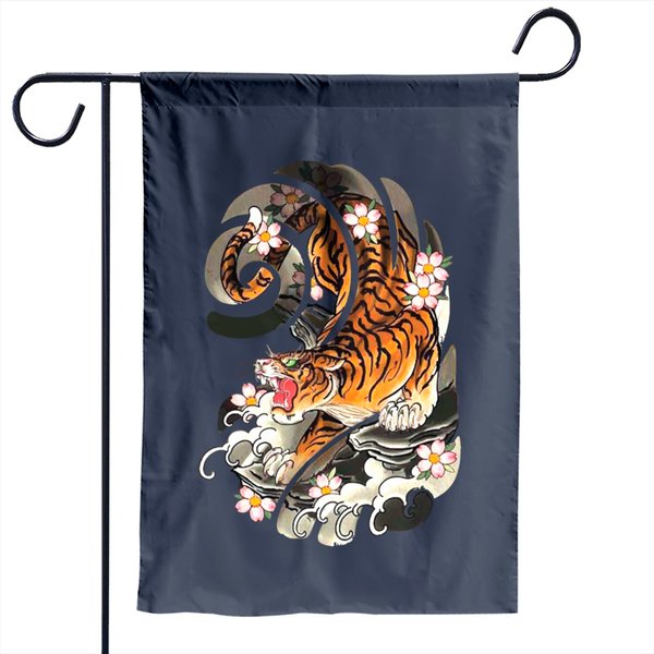 Vintage Japanese Tiger Traditional Asian Cherry Blossom Art Garden Flag