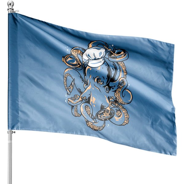 Octopus Chef, Restaurant Joke Kitchen Staff Cooking Humor Cute Graphic House Flag-image
