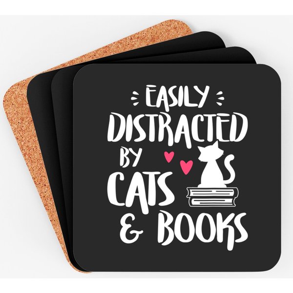 Easily Distracted By Cats And Books - Cat & Book Lover Coaster-image