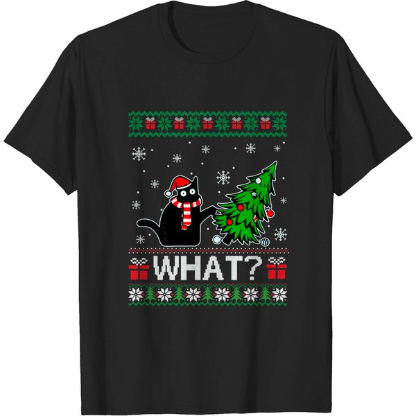 Cat What Funny Black Cat Pushing Christmas Tree Ugly Xmas - Christmas - T-Shirt-image