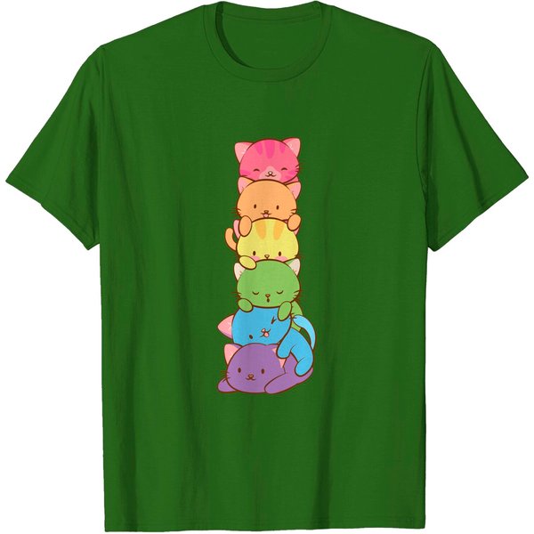 Cute Lgbt Rainbow Gay Pride Flag Kawaii Cat Pile Anime Art T-Shirt-image
