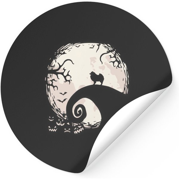Pomeranian Dog And Moon Howl In Forest Dog Halloween Party Stickers-image
